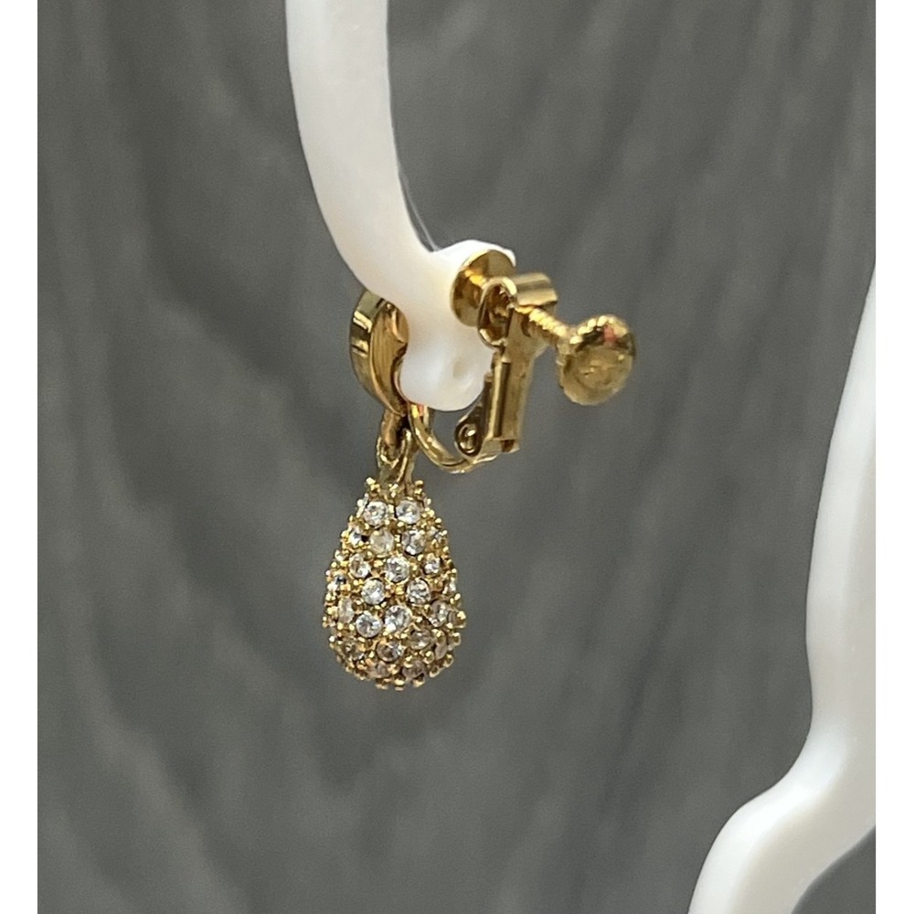 Givenchy Gold Tone 4G Logo Clip-On Earrings Pave Clear Rhinestone Teardrop - Picture 6 of 10